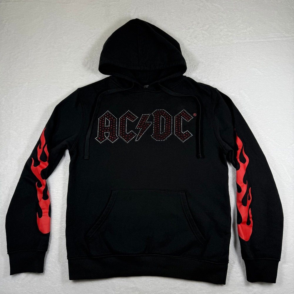 AC/DC Highway to Hell Rhinestone Logo Flame Sleeve Black Hoodie Small‎ 2024